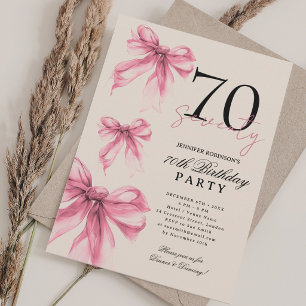 Blush Pink Watercolor Coquette Bow 70th Birthday Invitation
