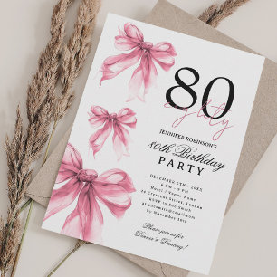 Blush Pink Watercolor Coquette Bow 80th Birthday Invitation