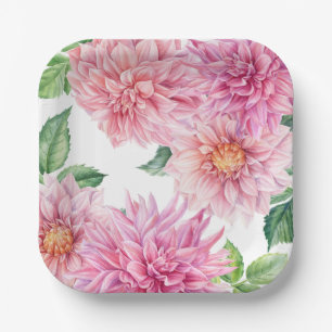 Blush Pink Watercolor Dahlia Floral Pattern Paper Plate