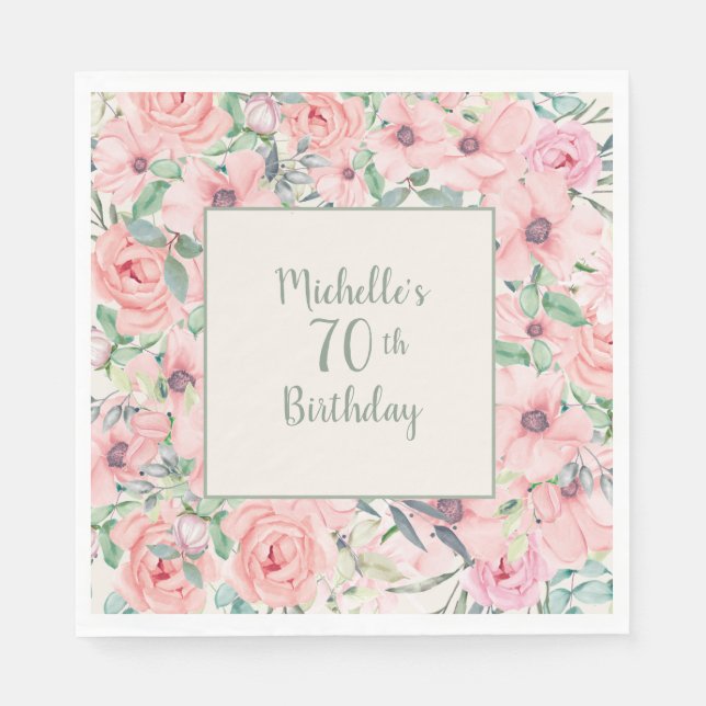 Blush Pink Watercolor Floral 70th Birthday Napkin (Front)