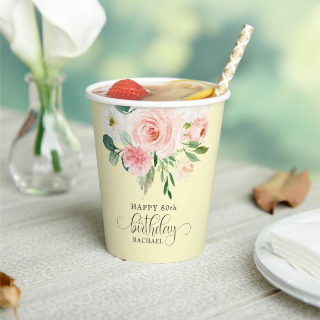 Blush Pink Watercolor Floral 80th Birthday Paper Cups (Insitu)