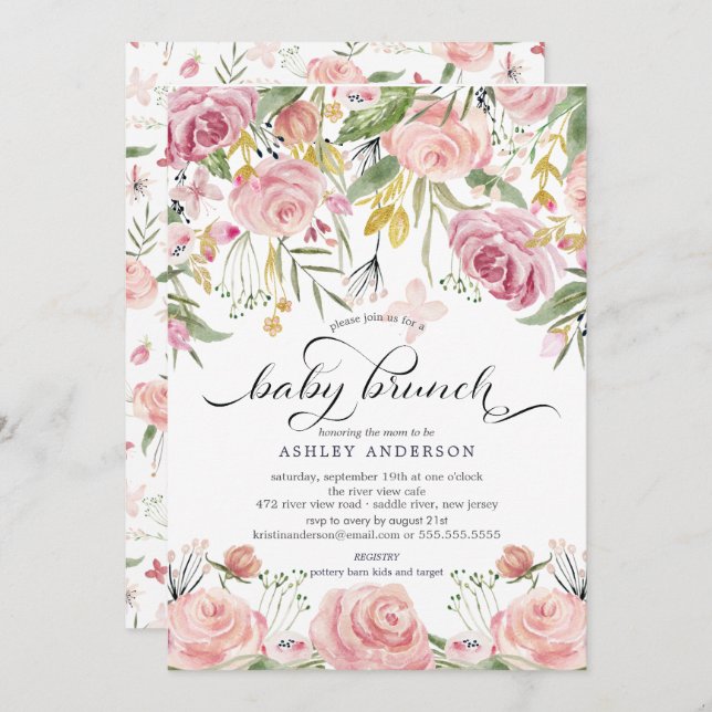 Blush Pink Watercolor Floral Baby Brunch Invitation (Front/Back)
