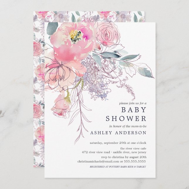Blush Pink Watercolor Floral Baby Girl Shower Invitation (Front/Back)