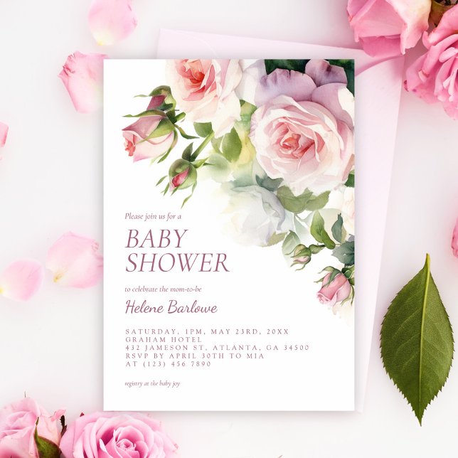 Blush Pink Watercolor Floral Baby Shower Invitation (Blush Pink Watercolor Floral Baby Shower Invitation)