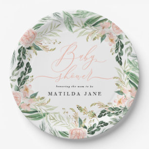 Blush pink watercolor floral baby shower paper plate
