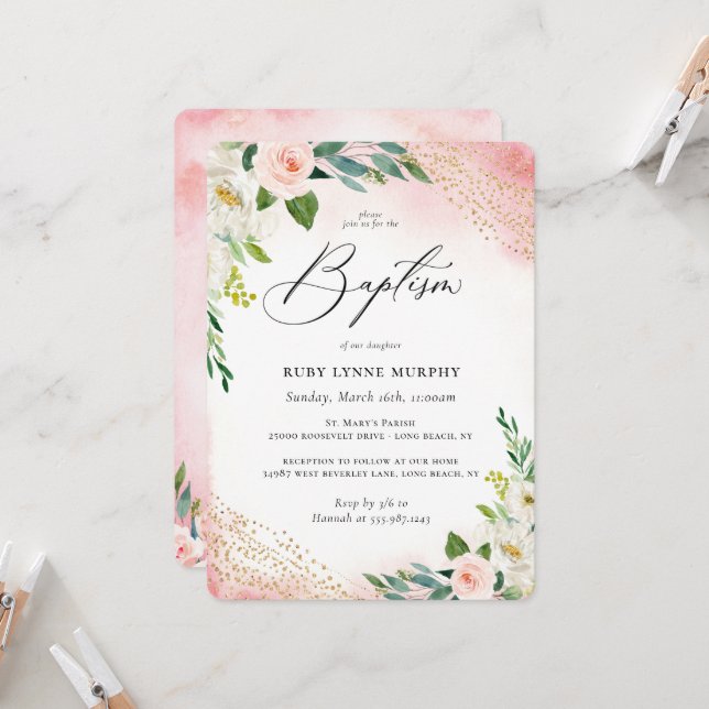 Blush Pink Watercolor Floral Baptism (Front/Back In Situ)