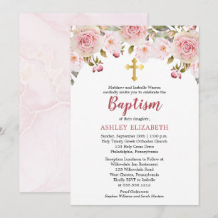 Blush Pink Watercolor Floral Baptism Invitation