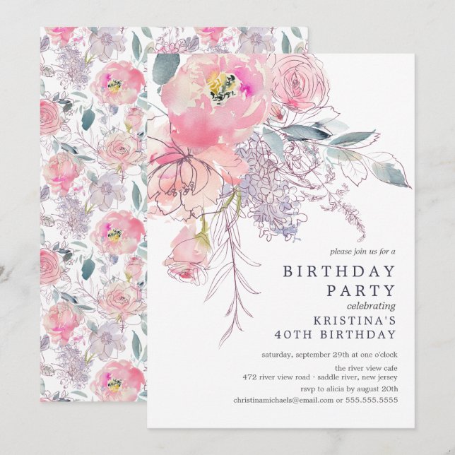 Blush Pink Watercolor Floral Birthday Invitation (Front/Back)