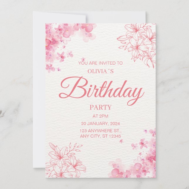 Blush Pink Watercolor Floral Birthday Party Invitation (Front)