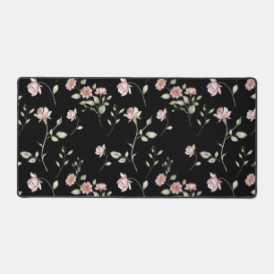 Blush Pink Watercolor Floral Black Desk Mat