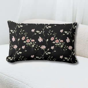 Blush Pink Watercolor Floral Black Lumbar Cushion