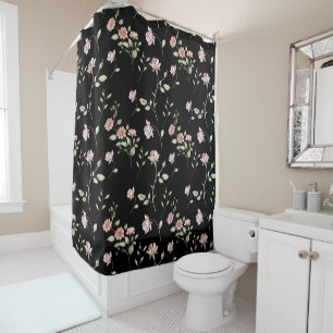 Blush Pink Watercolor Floral Black Shower Curtain