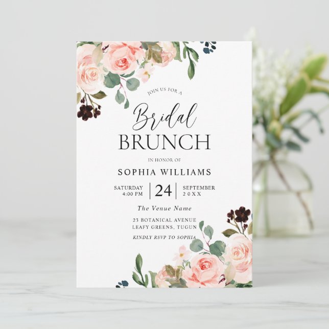 Blush Pink Watercolor Floral Bridal Shower Brunch Invitation (Standing Front)