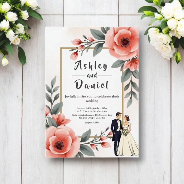 Blush Pink Watercolor Floral Bride Groom Wedding Invitation (Creator Uploaded)