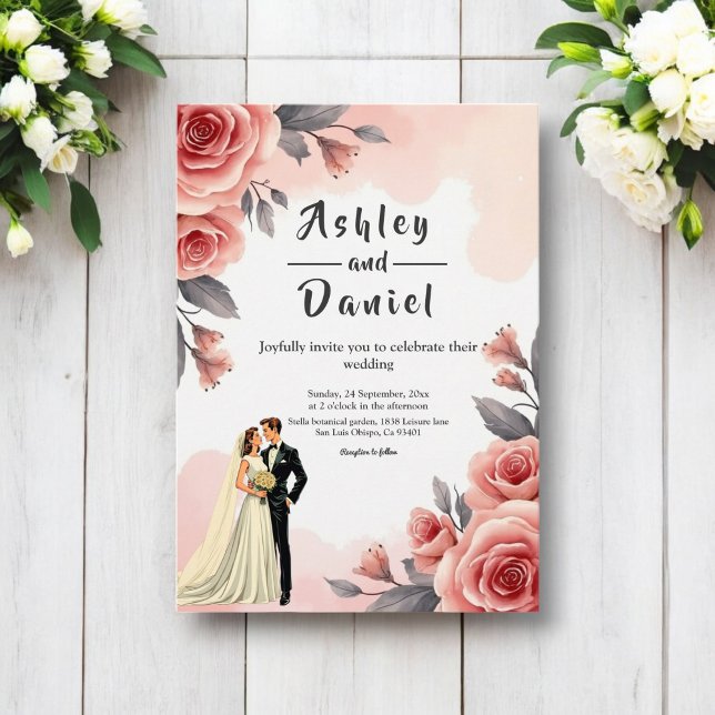 Blush Pink Watercolor Floral Bride & Groom Wedding Invitation (Creator Uploaded)