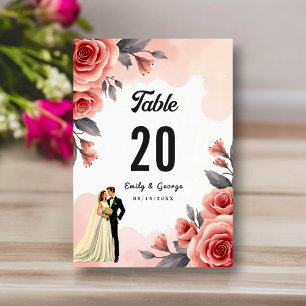 Blush Pink Watercolor Floral Bride & Groom Wedding Table Number