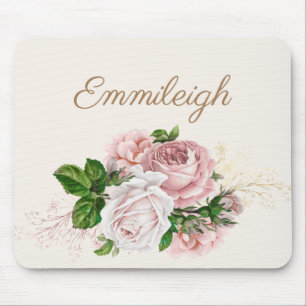 Blush Pink Watercolor Floral Cream Script Mouse Pad