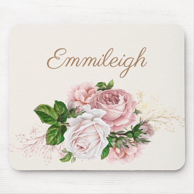Blush Pink Watercolor Floral Cream Script Mouse Pad (Front)
