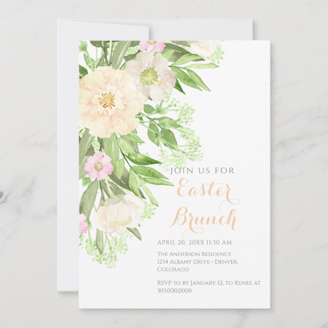 Blush Pink Watercolor Floral Easter Brunch Invitation (Front)