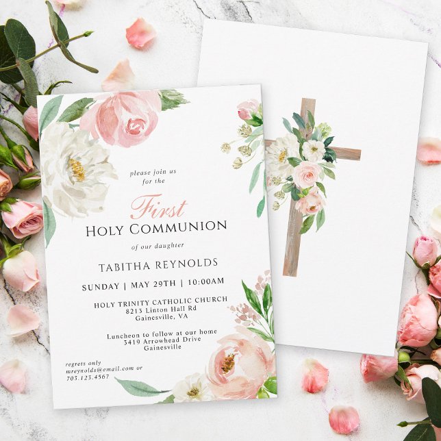 Blush Pink Watercolor Floral First Communion Invitation (Creator Uploaded)