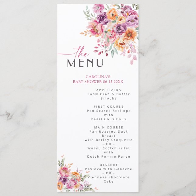 Blush Pink Watercolor Floral Garden Baby Shower  Menu (Front)