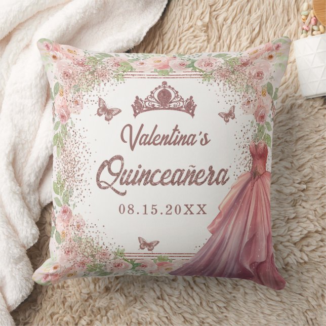 Blush Pink Watercolor Floral Glitter Quinceanera Cushion (Blanket)