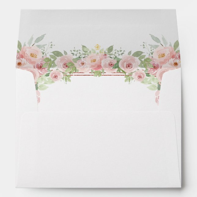 Blush Pink Watercolor Floral Glitter Quinceanera Envelope (Back (Bottom))