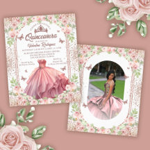 Blush Pink Watercolor Floral Glitter Quinceanera
