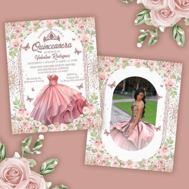 Blush Pink Watercolor Floral Glitter Quinceanera Flyer (Budget Rose Gold Floral Quinceanera Invitation Flyer)
