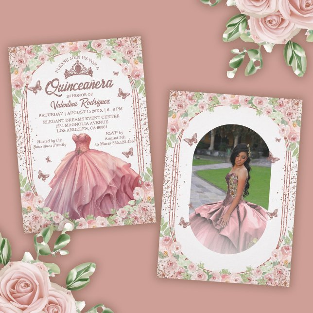 Blush Pink Watercolor Floral Glitter Quinceanera Invitation (Rose Gold Glitter Floral Sparkle Quinceanera Invitation)
