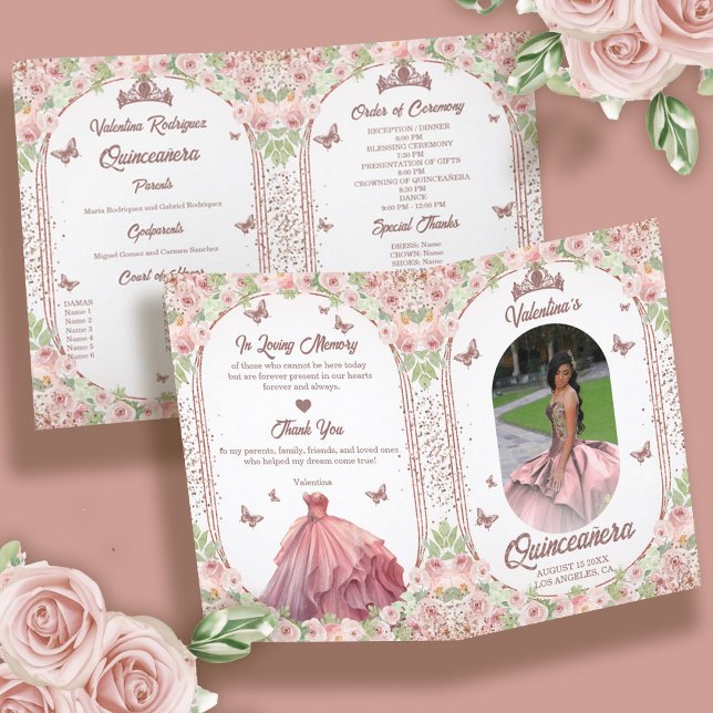 Blush Pink Watercolor Floral Glitter Quinceanera Programme (Spanish Photo Rose Gold Blush Pink Quinceanera Program)