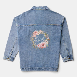 Blush Pink Watercolor Floral Golden Leaves Bride Denim Jacket