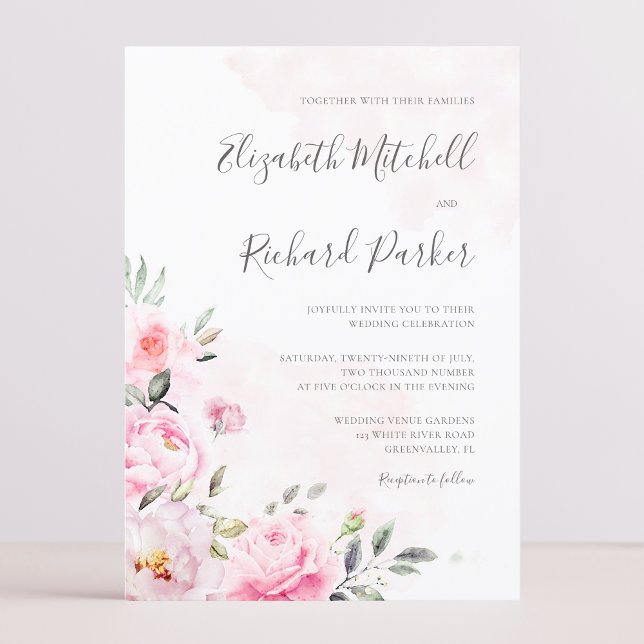 Blush Pink Watercolor Floral Greenery Wedding Invitation (Creator Uploaded)
