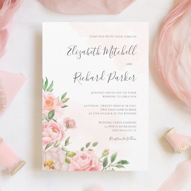Blush Pink Watercolor Floral Greenery Wedding Invitation (Creator Uploaded)