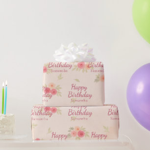 Blush Pink Watercolor Floral Happy Birthday Wrapping Paper