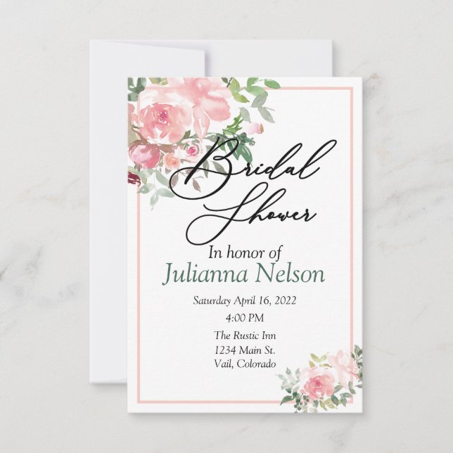 Blush pink watercolor floral  invitation (Front)