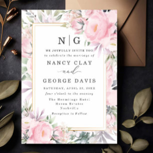 Blush Pink Watercolor Floral Monogram Wedding Invitation