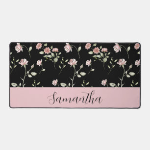 Blush Pink Watercolor Floral Name Black Desk Mat
