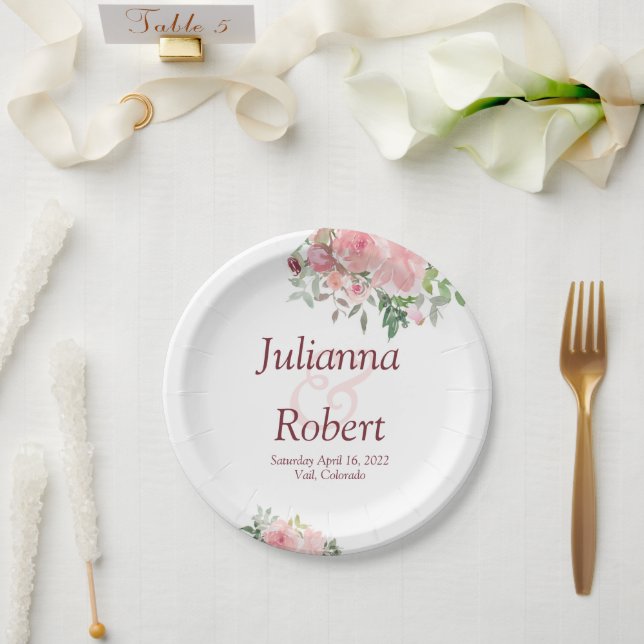 Blush pink watercolor floral   paper plates (Wedding)