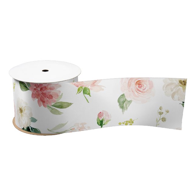 Blush Pink Watercolor Floral Pattern Satin Ribbon (Spool)
