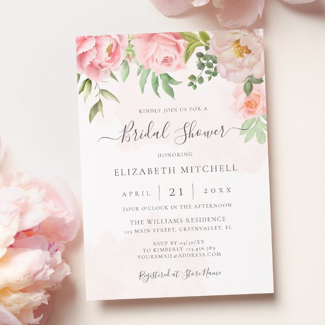 Blush Pink Watercolor Floral Peony Bridal Shower Invitation (Creator Uploaded)