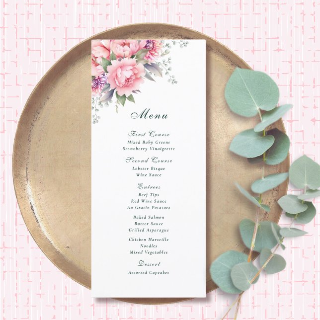 Blush Pink Watercolor Floral Peony Script Romantic Menu (Creator Uploaded)