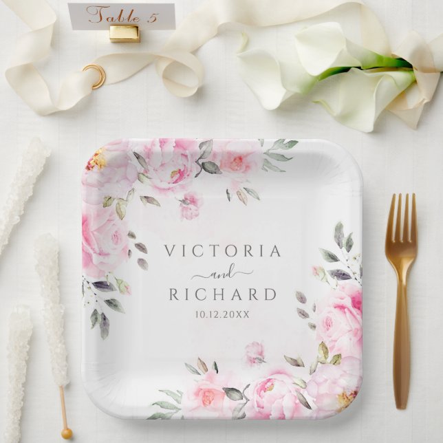 Blush Pink Watercolor Floral Peony Wedding Paper Plate (Wedding)