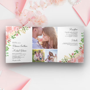 Blush Pink Watercolor Floral Photo Collage Wedding Tri-Fold Invitation