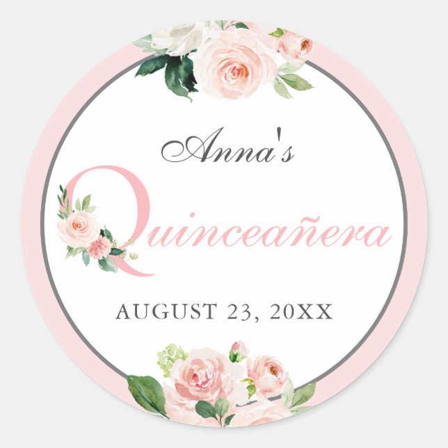 Blush Pink Watercolor Floral Quinceanera Classic Round Sticker (Front)