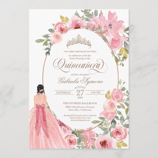 Blush Pink Watercolor Floral Quinceanera Invitation (Front)