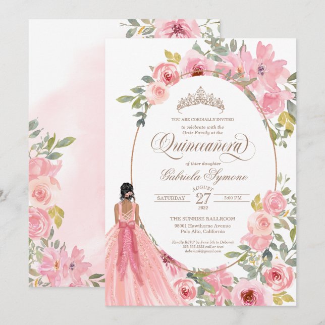 Blush Pink Watercolor Floral Quinceanera Invitation (Front/Back)