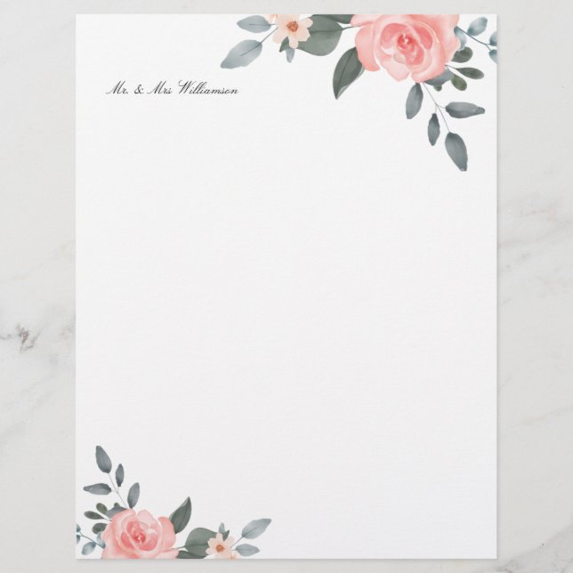 Blush Pink Watercolor Floral Rose & Sage Greenery Custom Letterhead (Front)