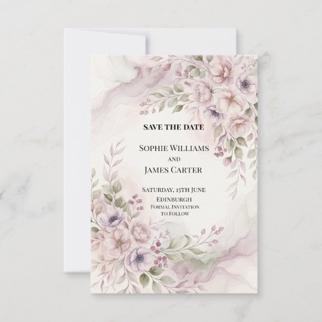 Blush Pink Watercolor Floral Save the Date (Front)