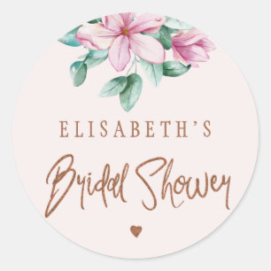 Blush pink watercolor floral script bridal shower classic round sticker